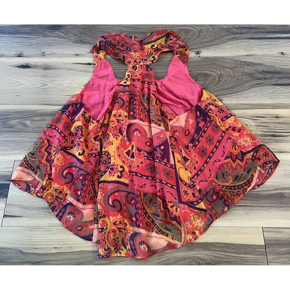 Free People Paisley Halter Tank Top Boho Festival Tie Neck Pink Orange Size L - Picture 5 of 8